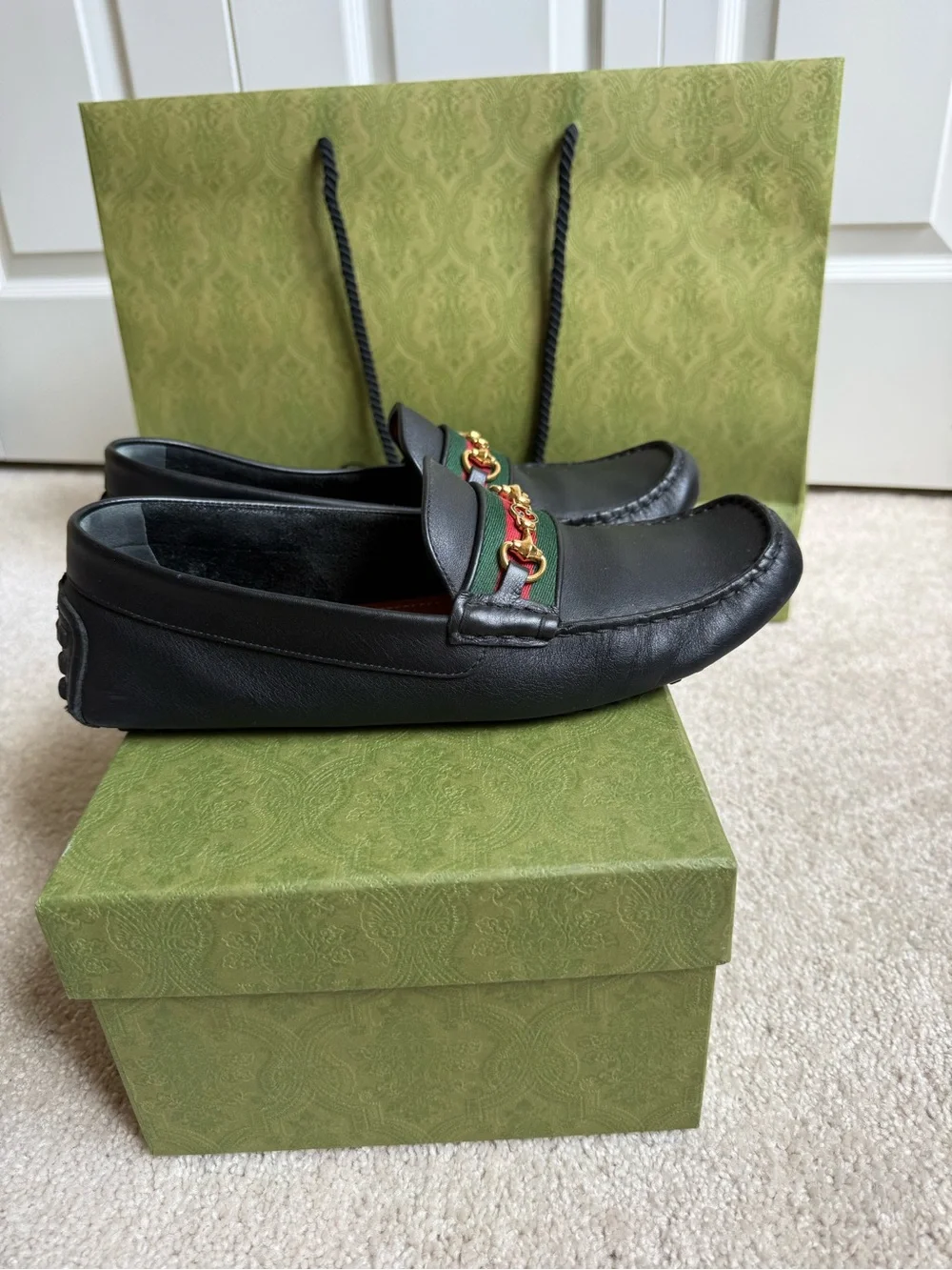 Gucci Black Leather Loafers with Green-Red Web & Gold Horsebit